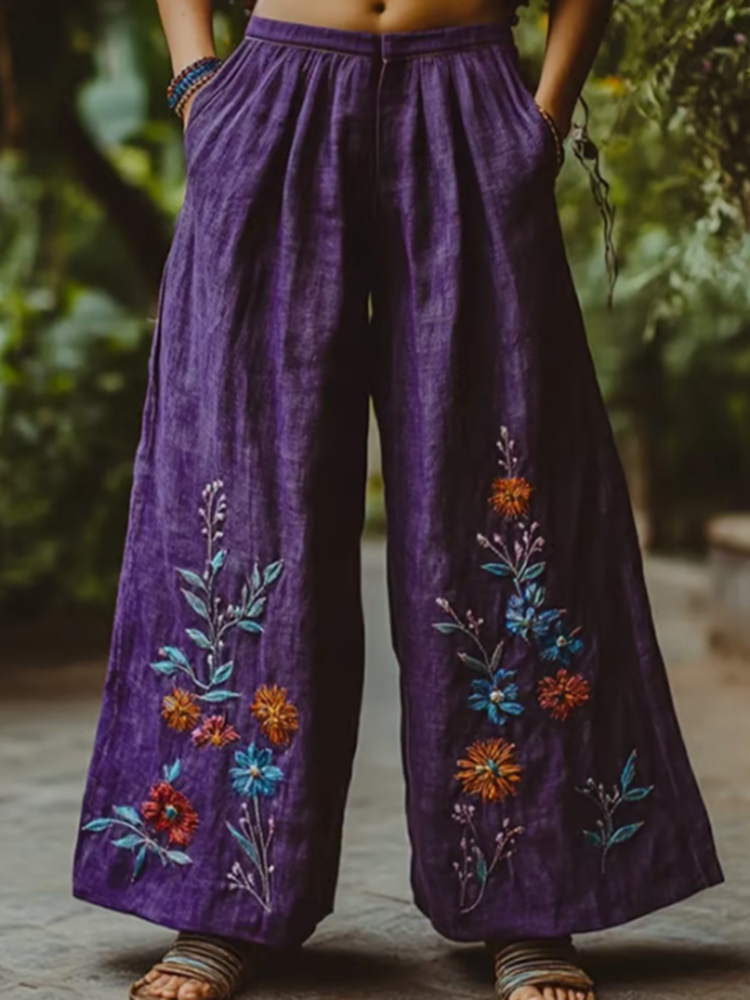 Women's Embroidered Floral Printed Linen Blend Casual Pants