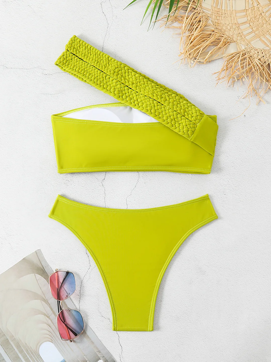 Uveng Single-Shoulder Rope Strap-Meared Solid Color Split Swimsuit Woman 2025 New Bikini