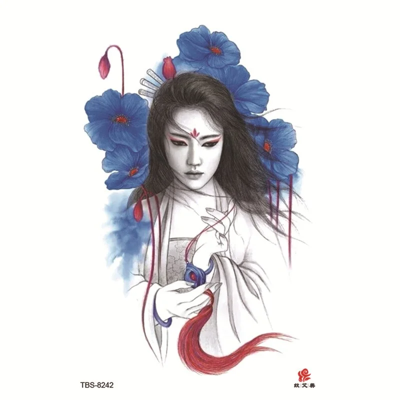 Sdrawing Temporary Tattoo Sticker Dark Snake Tattoos Flower Tatoos Body Art Geisha Water Transfer Clavicle Arm Fake Tatto