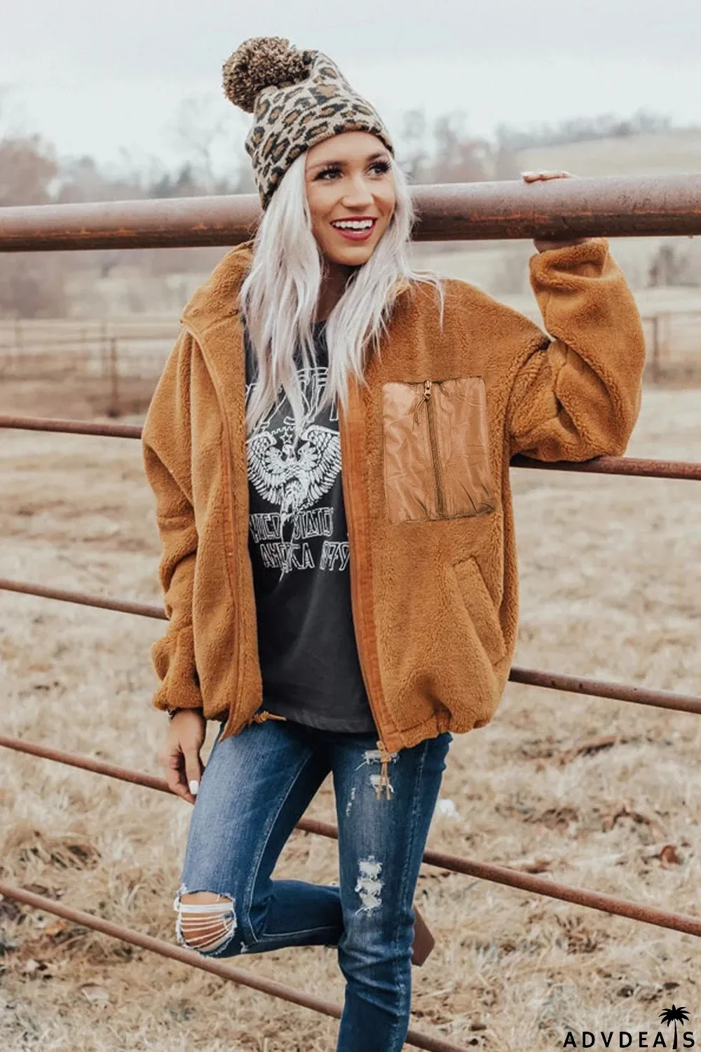 Zip Up Sherpa Coat With Pocket