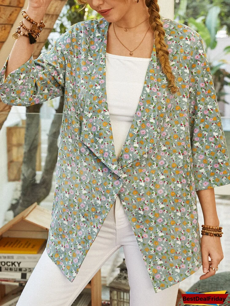 Bohemian Floral Print 3/4 Length Sleeves Casual Jacket For Women