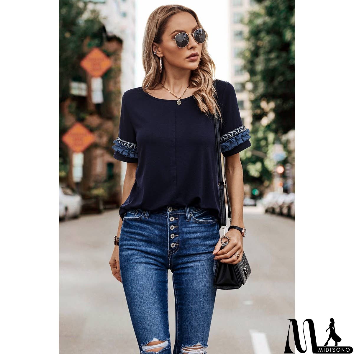 MidiSono - Solid Round Neck Loose Fit Frill Trim Tee