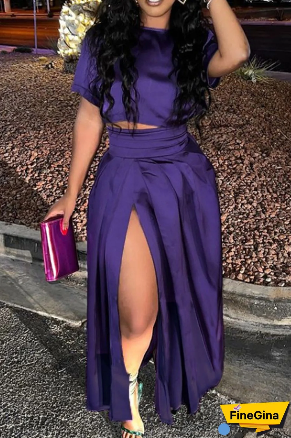 Purple Casual Solid Slit O Neck Short Sleeve Two Pieces