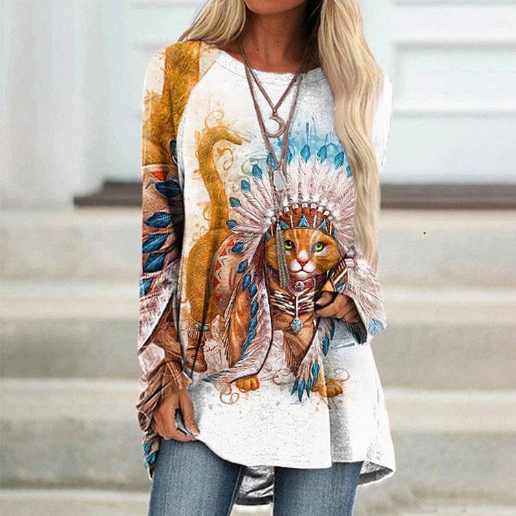 Vefave Western Indian Cat Long Sleeve Tunic