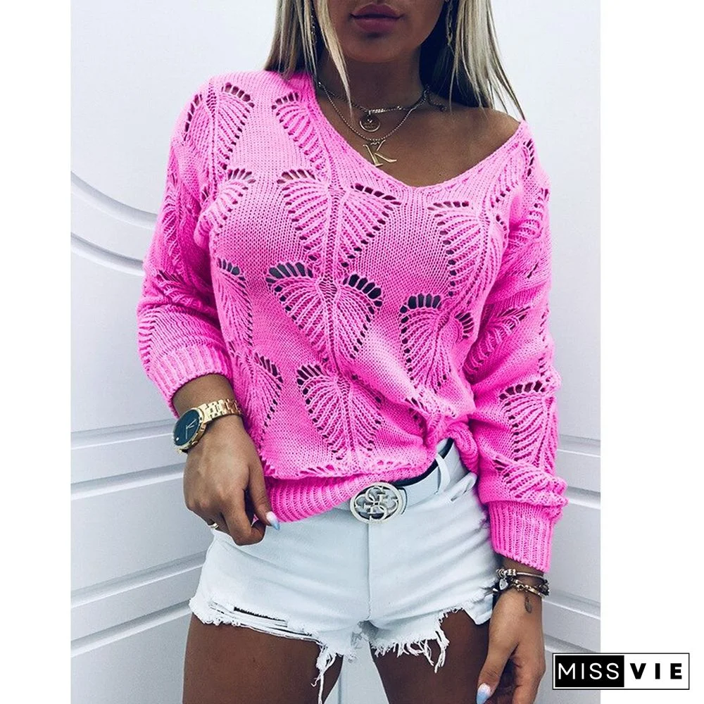 Women's Vintage Sweater Autumn And Winter New Solid Color V-neck Hollow Out Loose Knit Sweater Pull Over Sweater Women