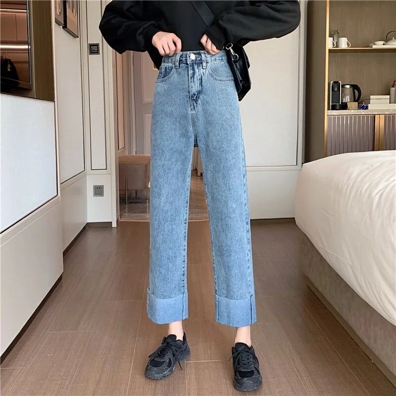 Jeans Women Casual All-match Korean Style Students Spring Cuffs High Waisted Mujer De Moda Ulzzang Fashion Pocket Streetwear Ins