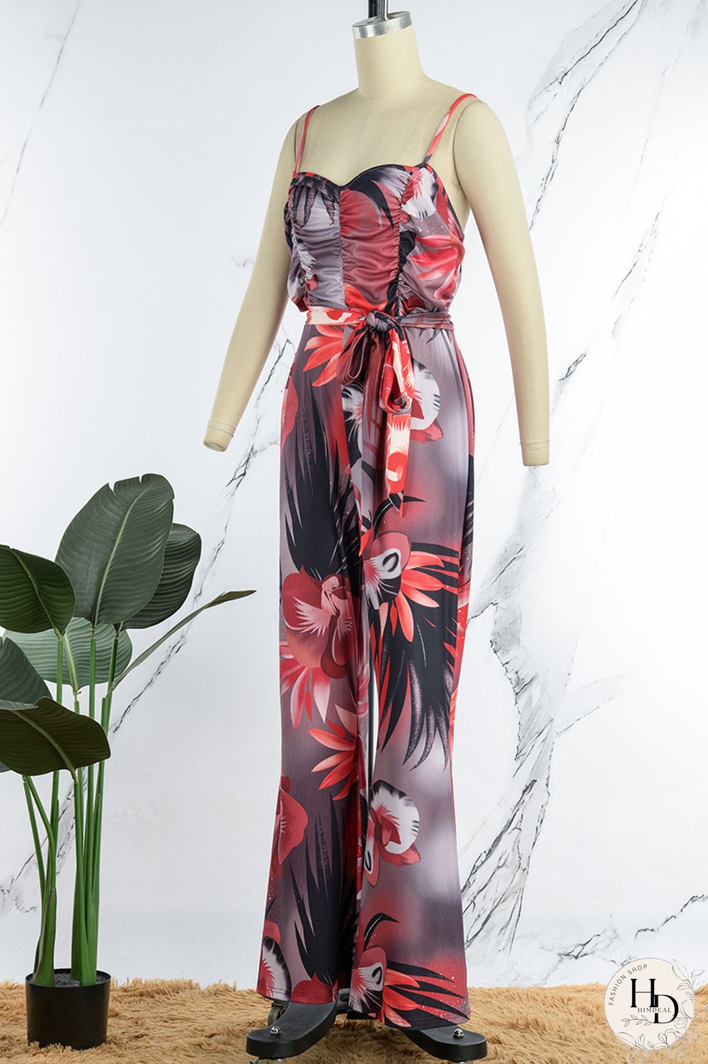 Blue Sexy Print Bandage Patchwork Spaghetti Strap Regular Jumpsuits