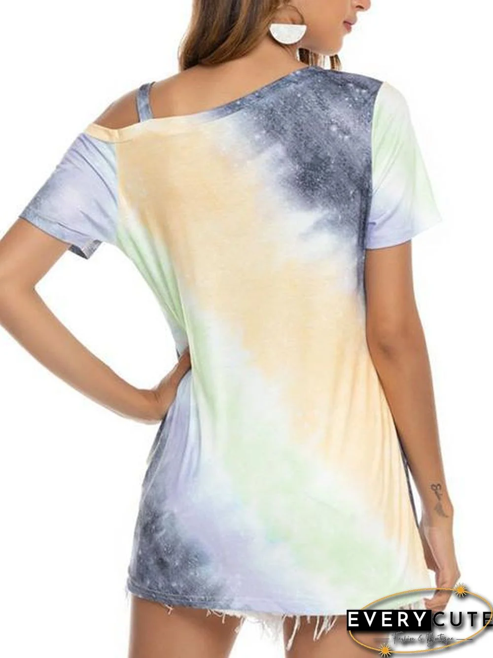 Gradient Color Cold Shoulder Twisted T-Shirt