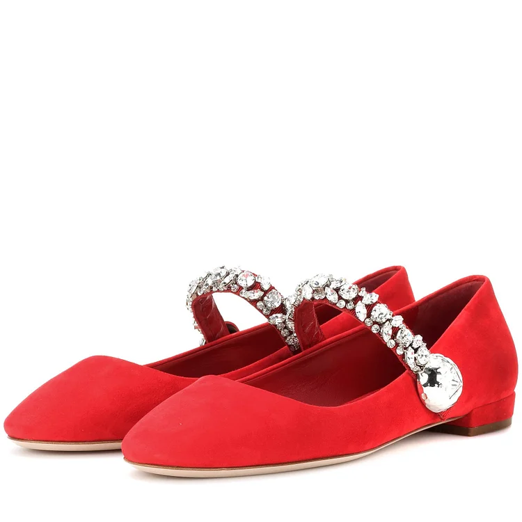 Red Flat Rhinestones Mary Jane Shoes |FSJ Shoes