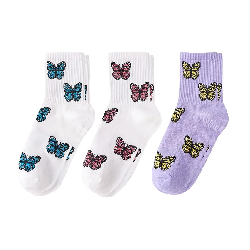 3Pair Fashion Butterfly Cotton Women Street Socks Harajuku Skateboard Tube Socks Korea Hip Hop Autumn Thick Indoor Floor Sock