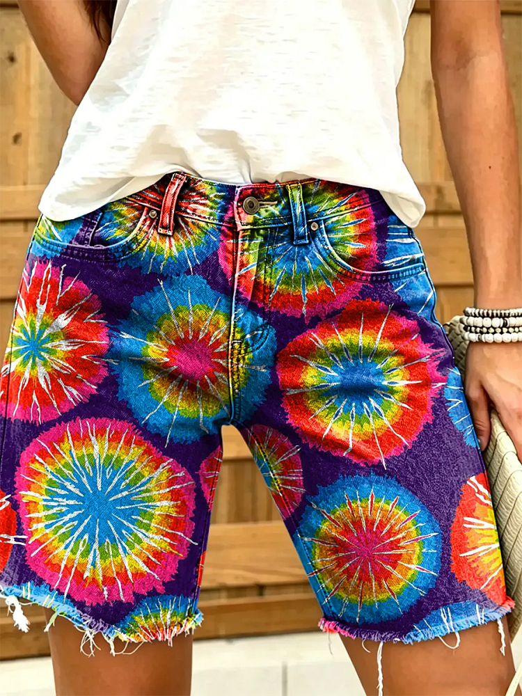 Ethnicity Tie Dye Colorful Women's Art Print Casual Denim Shorts