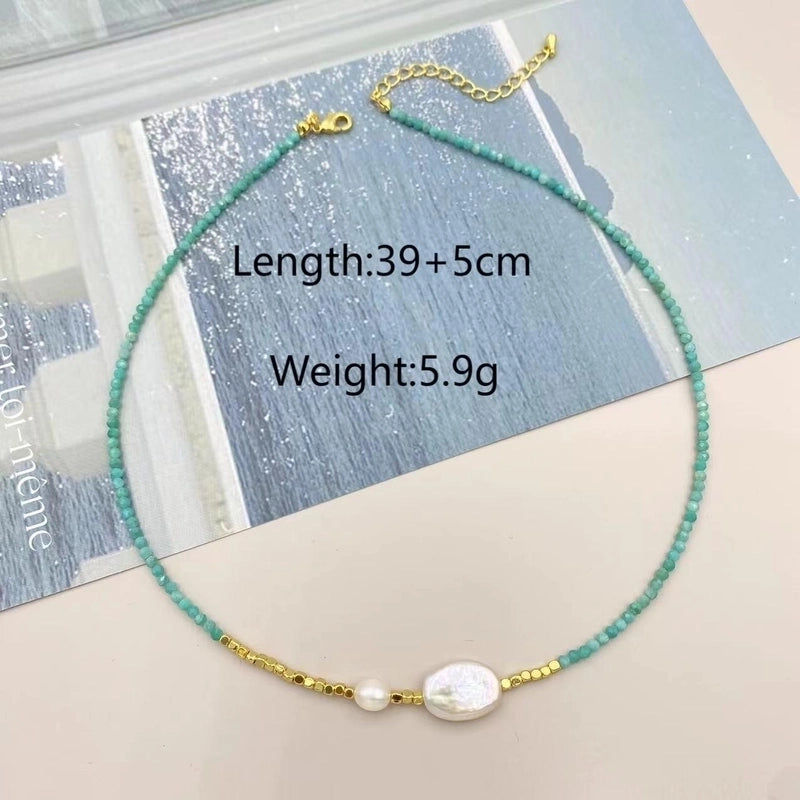 IG Style Geometric Natural Stone Pearl Black Gallstone Beaded Chain Necklace In Bulk