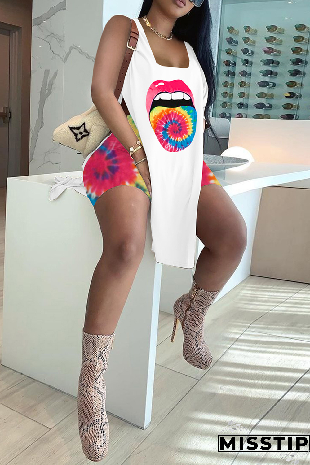 Green Sexy Print High Opening U Neck Sleeveless Two Pieces