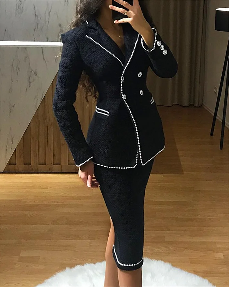 Women's Solid Color Tweed Two Piece Suit - 01