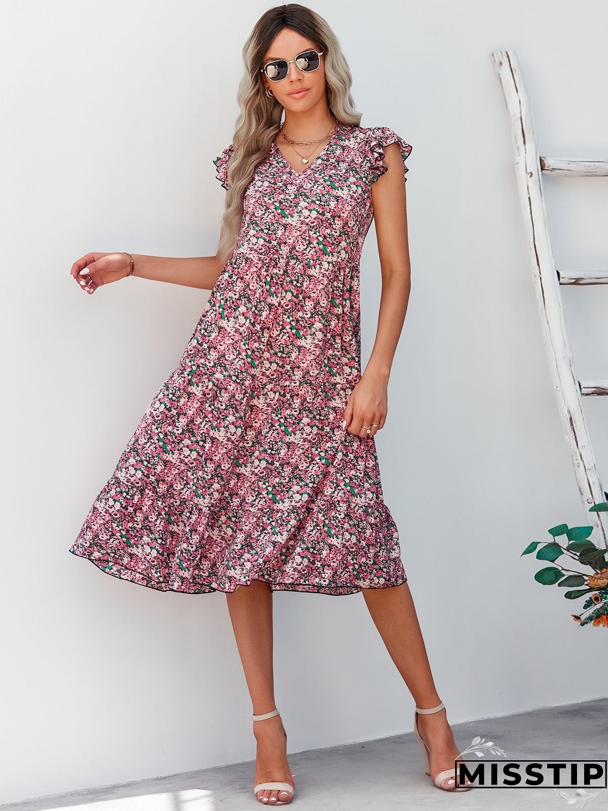 V-neck Fly-sleeve Floral Dress
