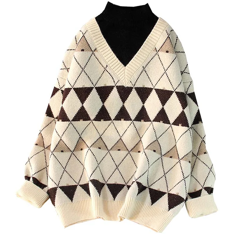 Loose Fake Two Pieces Rhombus Plaid Sweatshirt - Modakawa Modakawa