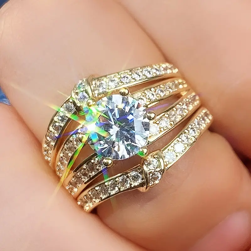 plated round zircon set ring fashion luxury engagement wedding jewelry for women ring set 3pcs details 6