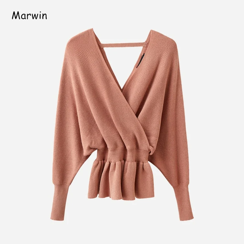 Marwin 2020 New-Coming V-Neck Thick Elegant Fashion Sweaters Warm Soft Ruched Female High Street Winter Sweaters