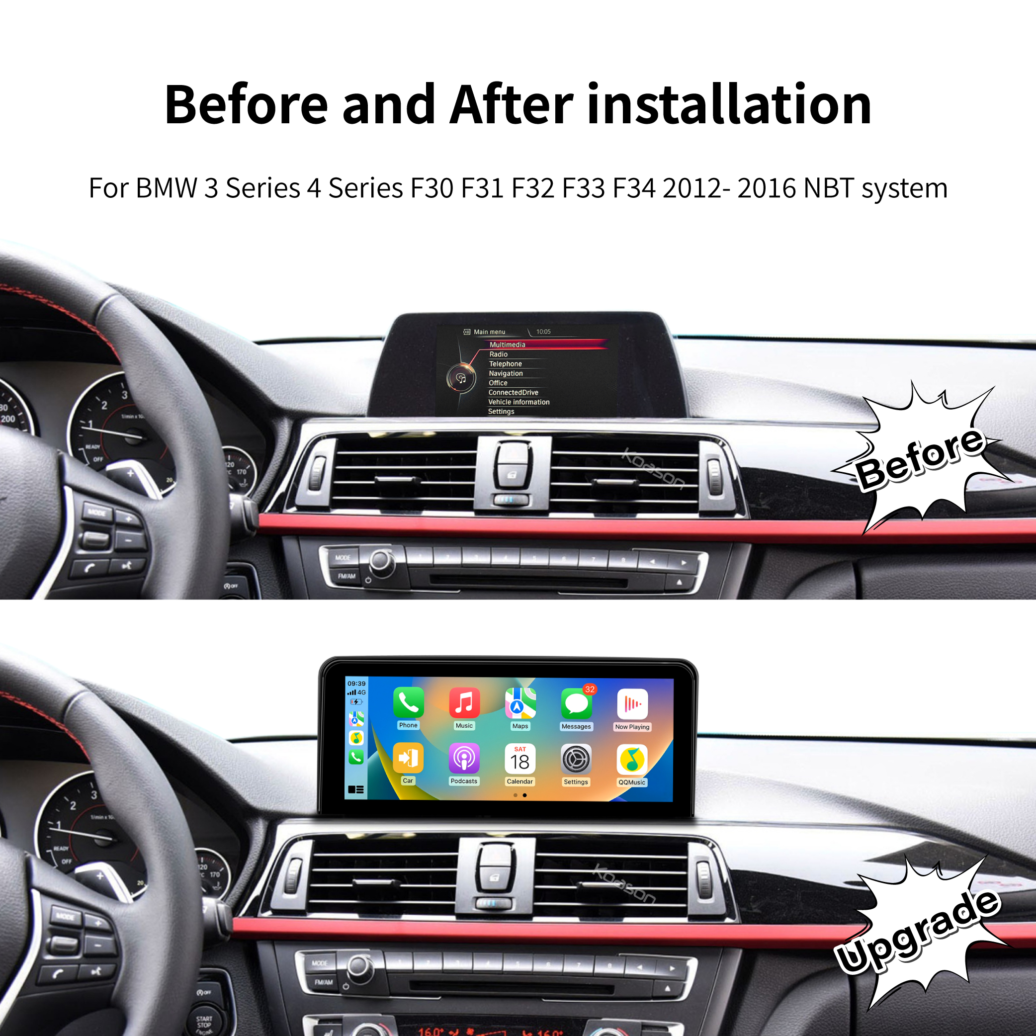KOASON Linux Apple CarPlay Android Auto TouchScreen OEM Retrofit Upgrade Monitor for BMW 3 Series 4 Series F30 F31 F32 F33 F34 F36 F80 F82 F83 F84