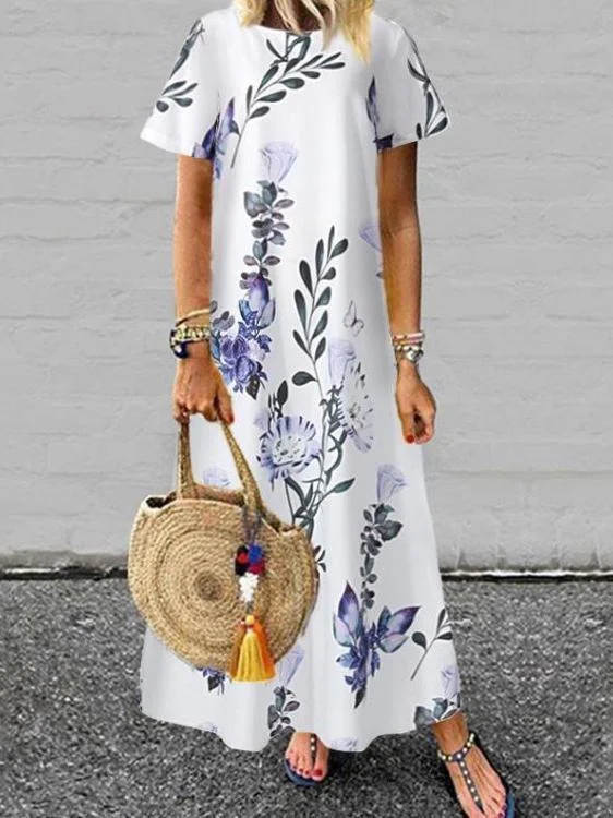 Women's Short Sleeve Round Neck Floral Printed Maxi Dress