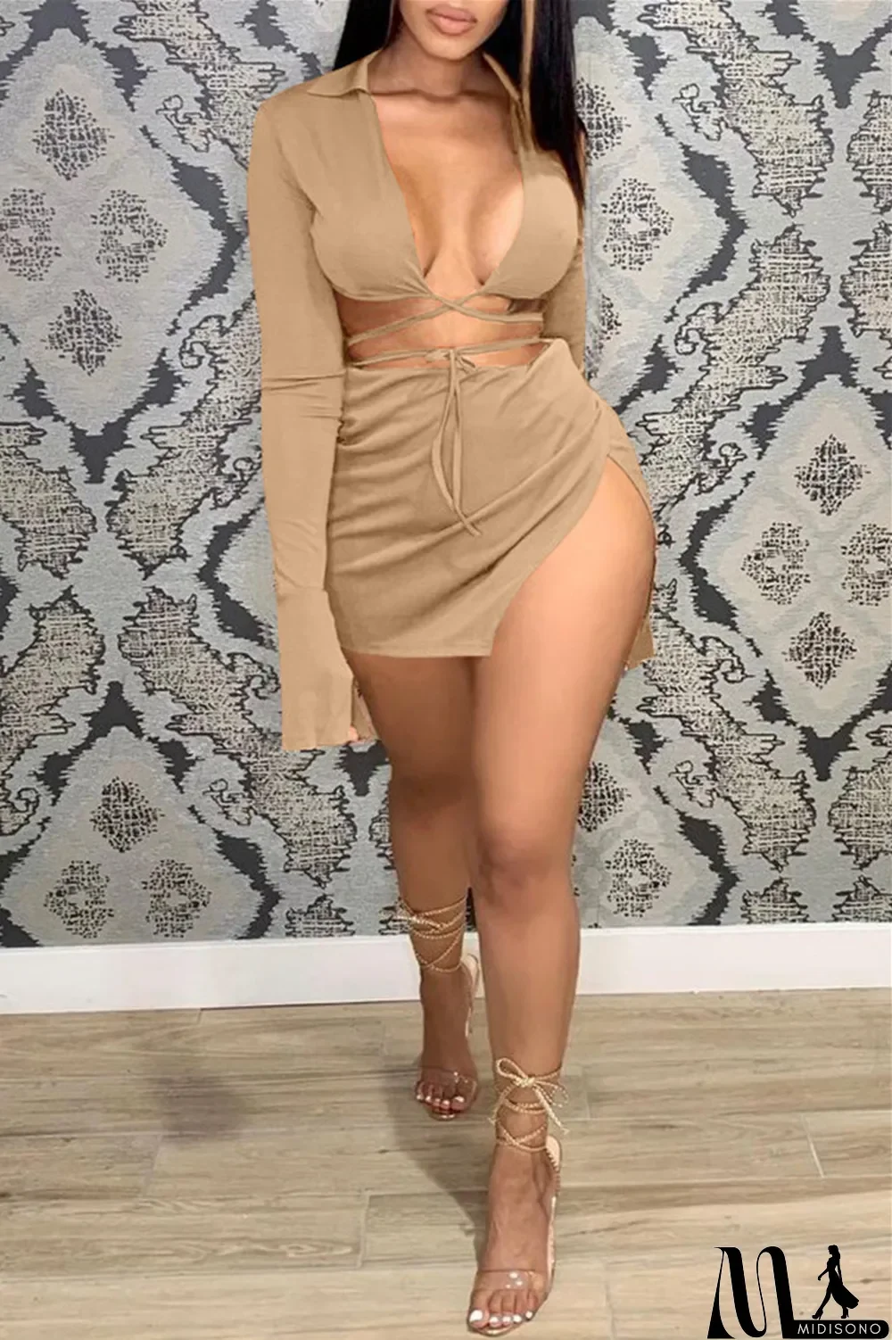MidiSono - Khaki Sexy Casual Solid Bandage Slit V Neck Long Sleeve Two Pieces