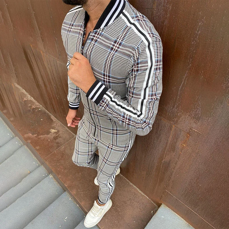 Men's Retro Geometric Plaid Print Slim Fit Casual Sports Suit Sweatpants Sweatershirt、、URBENIE