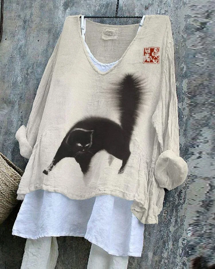 Black Plush Cat Art Linen Blend Tunic Shirt