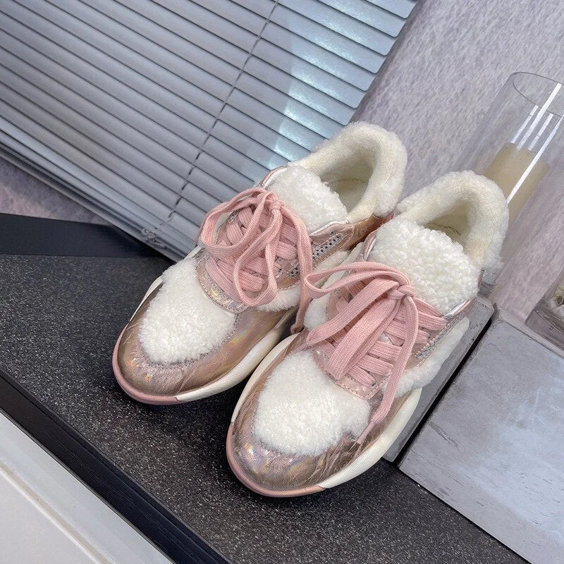 Lambswool Keep Warm Female Snow Boots 2021 Winter New Wool Inside Thicken Fur Shoes Women's Platform Sneaker Chunky Fur Shoes