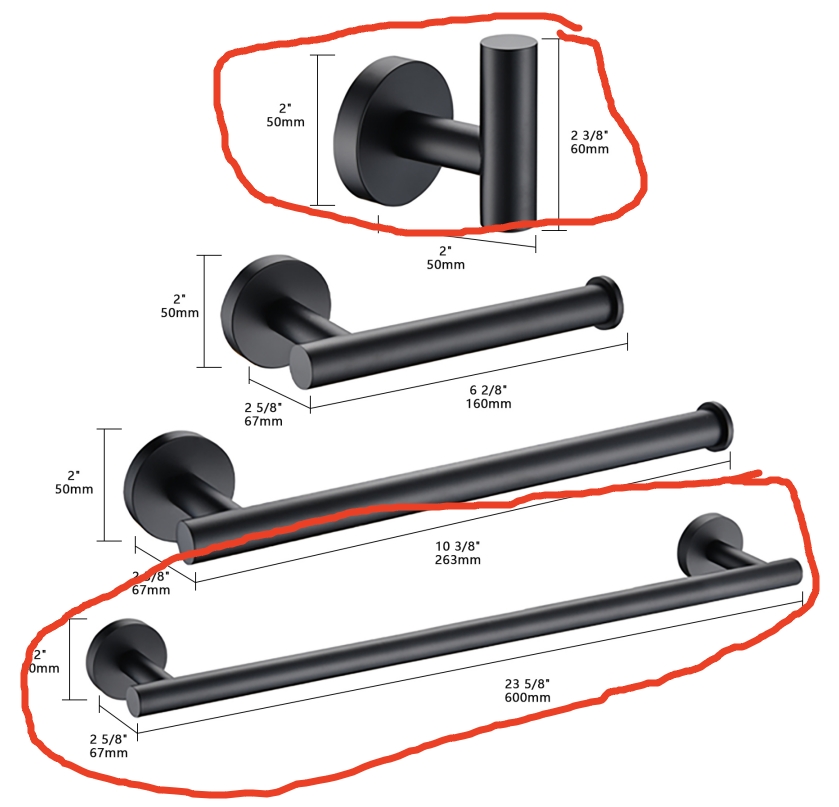 Purchase two 23‑inch round towel racks and four hooks brushed nickel