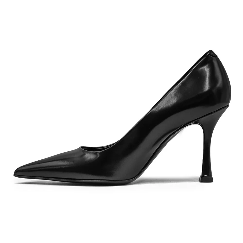 Fashion Black Pointed Toe Spool Heel Slip On Pumps for Women