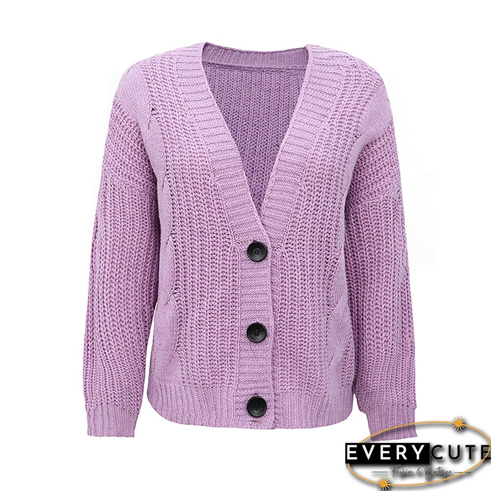 Purple Chunky Open Front Button Cardigan
