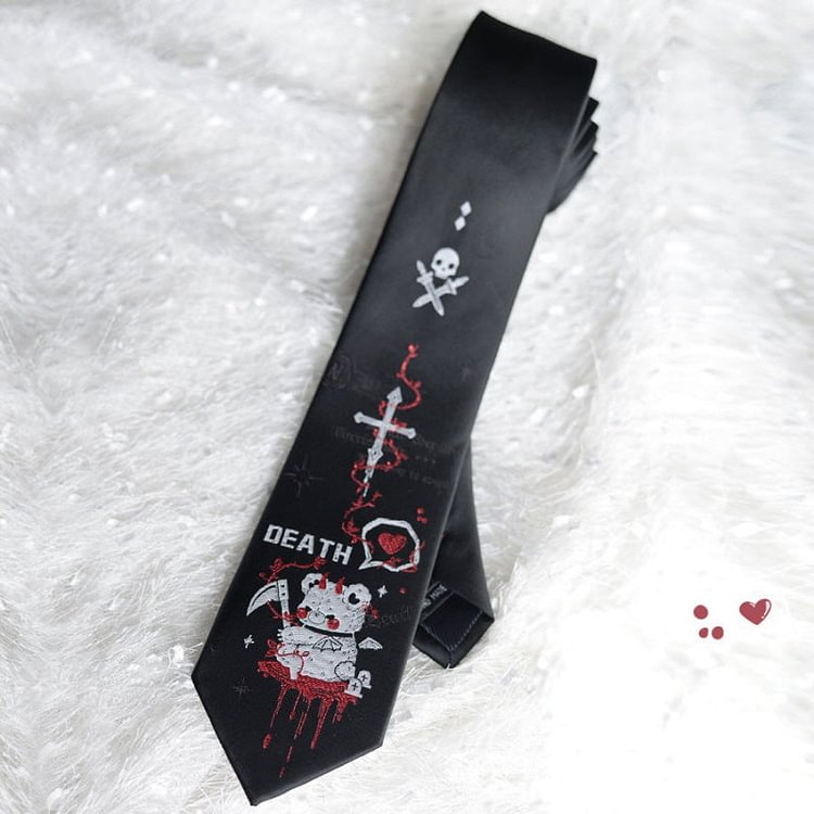Anime Death Bear Embroidered Neckties - Gotamochi Kawaii Shop, Kawaii Clothes
