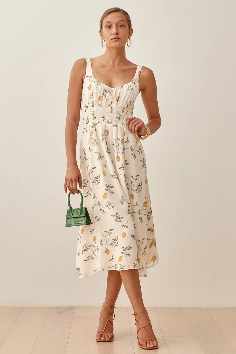 Floral Cami Backless Crew Collar Pleated Tapered Waist Midi Dress