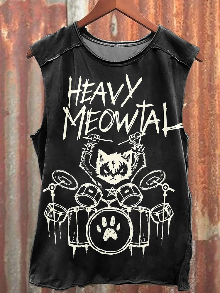 Teecade Teecade Vintage Abstract Angry Cat Art Print Casual Tank Top