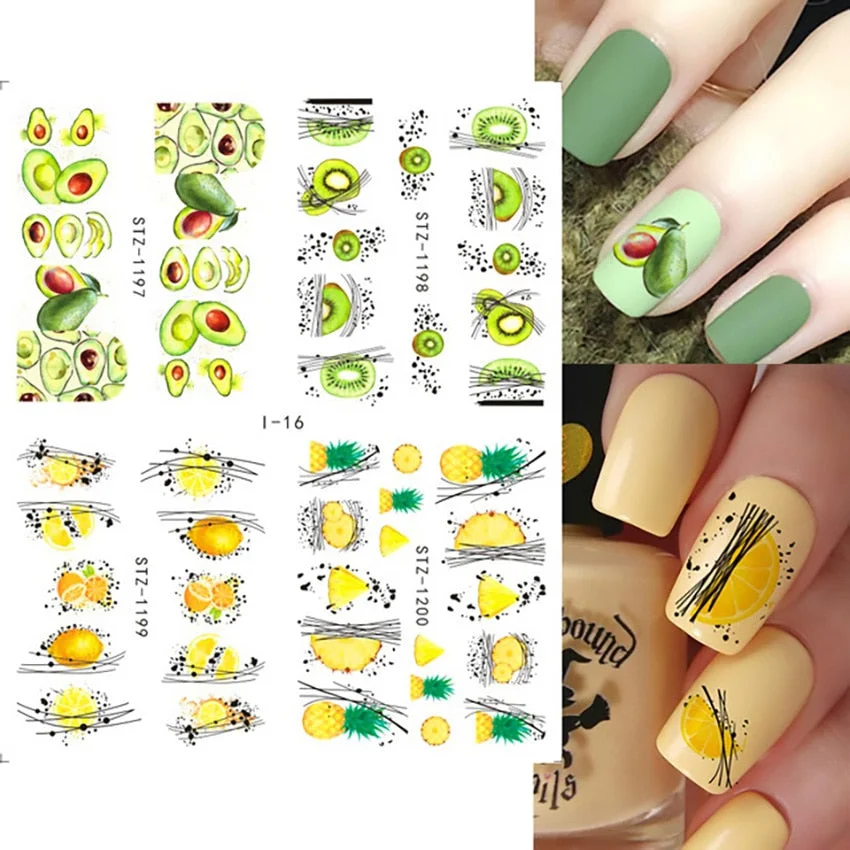 Nail Stickers Water Transfer Fruits Abstract Art Designs 4Pcs/Set Nail Decal Decoration Tips For Beauty Salons-Nail Inspo