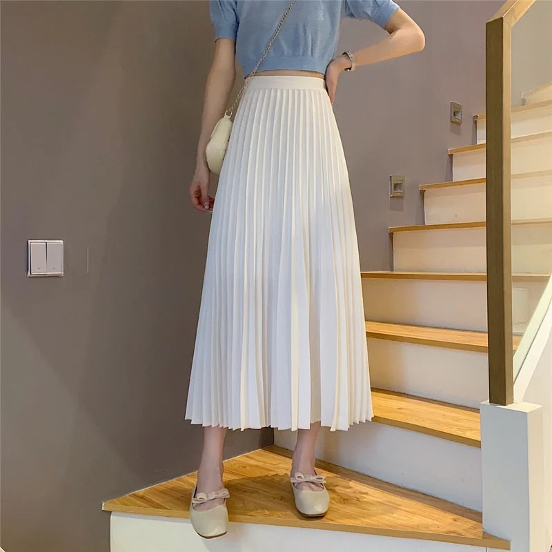 2022 Winter Women Draped Rib Pleated Skirt Elastic High Waist Long Skirt Female Autumn Ladies High Quality Midi Skirt Saia