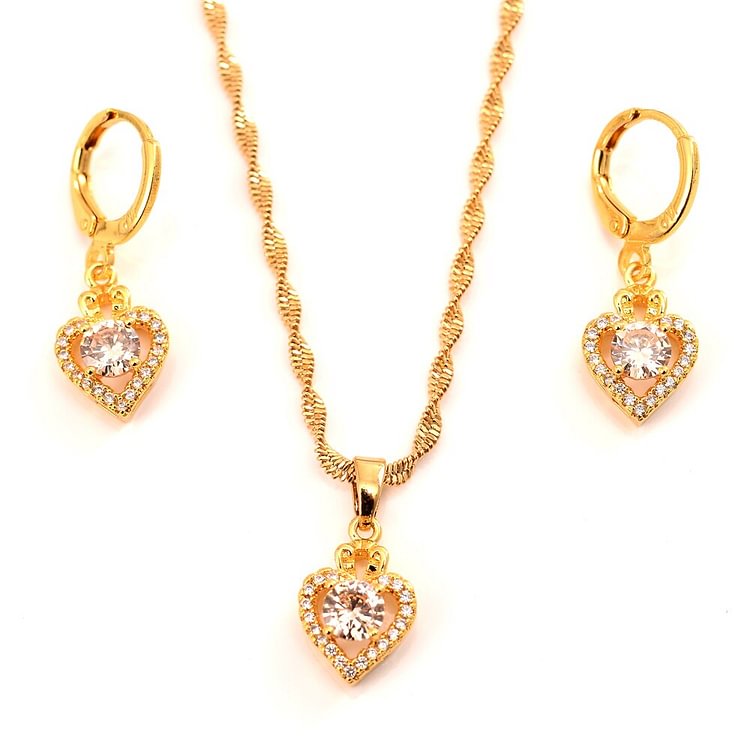 gold cz heart crystal Pendant Necklace chain Earrings sets