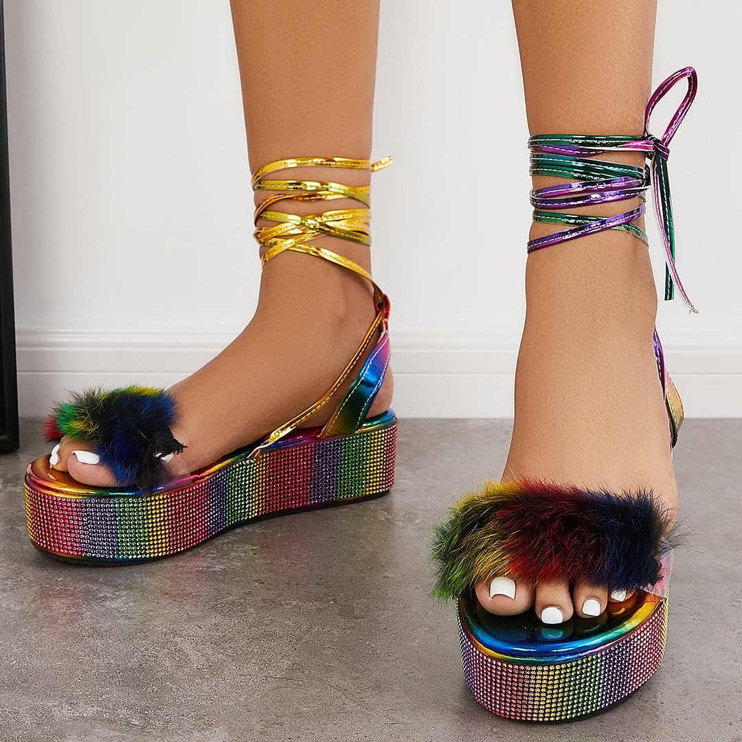 Susiecloths Glitter Open Toe Lace Up Platform Heel Ankle Strap Sandals