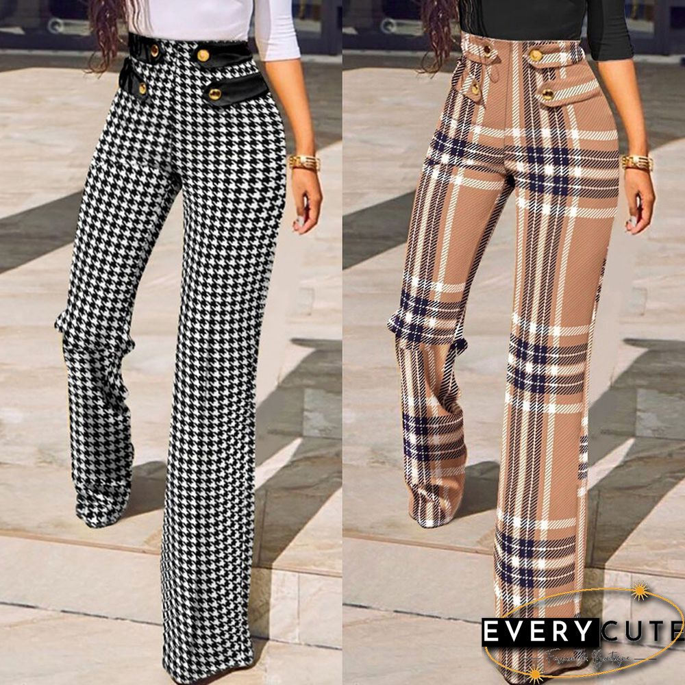 Womens Buttoned High Waist Wide Leg Tailored Pants Spring Casual Ladies Plaid Long Pencil