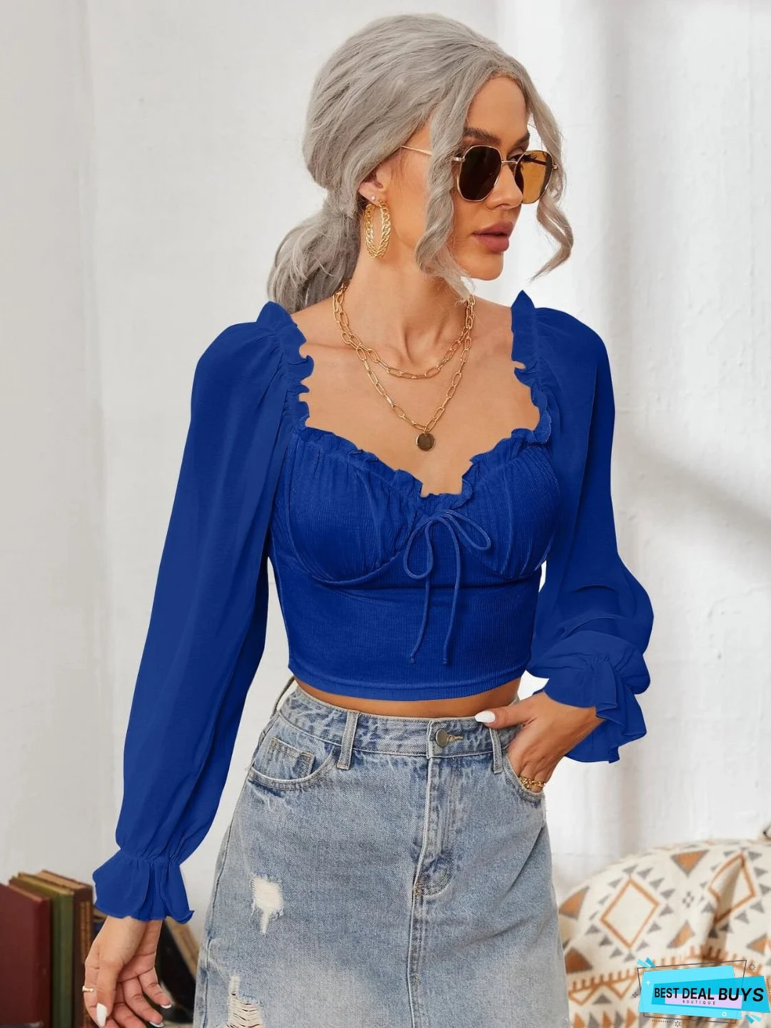 Mesh Sweetheart Neck Flounce Sleeve Top