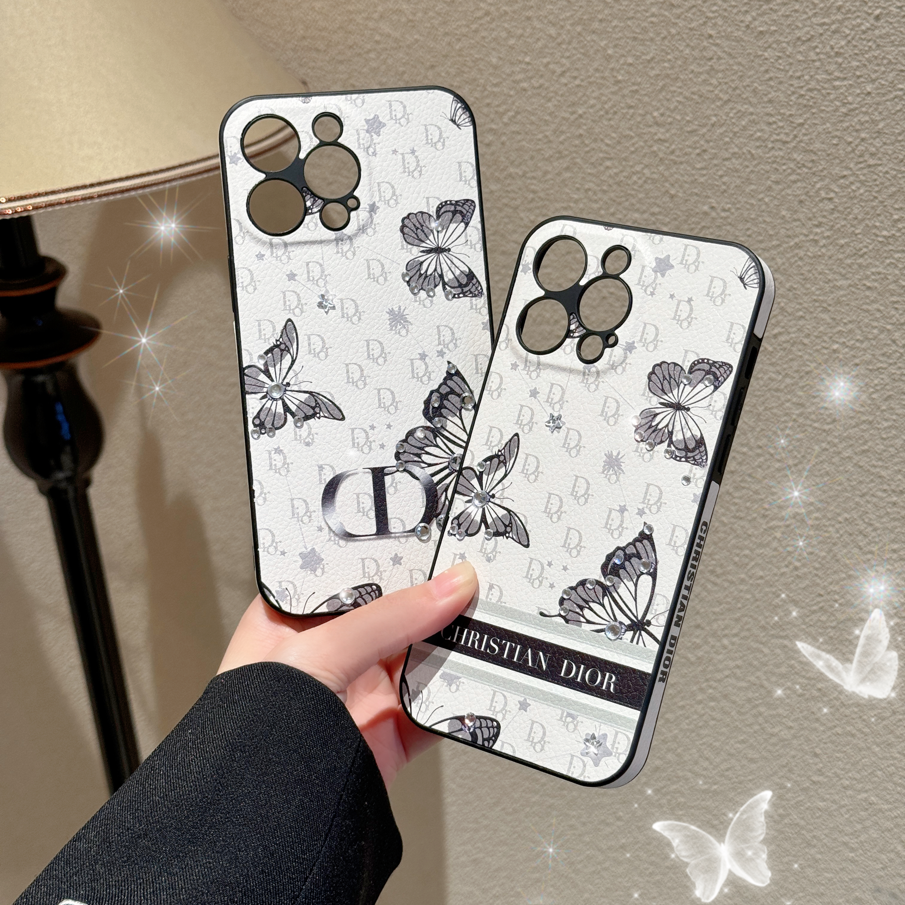 3D Rhinestone Decorated Butterfly Dior Leather Apple iPhone Case