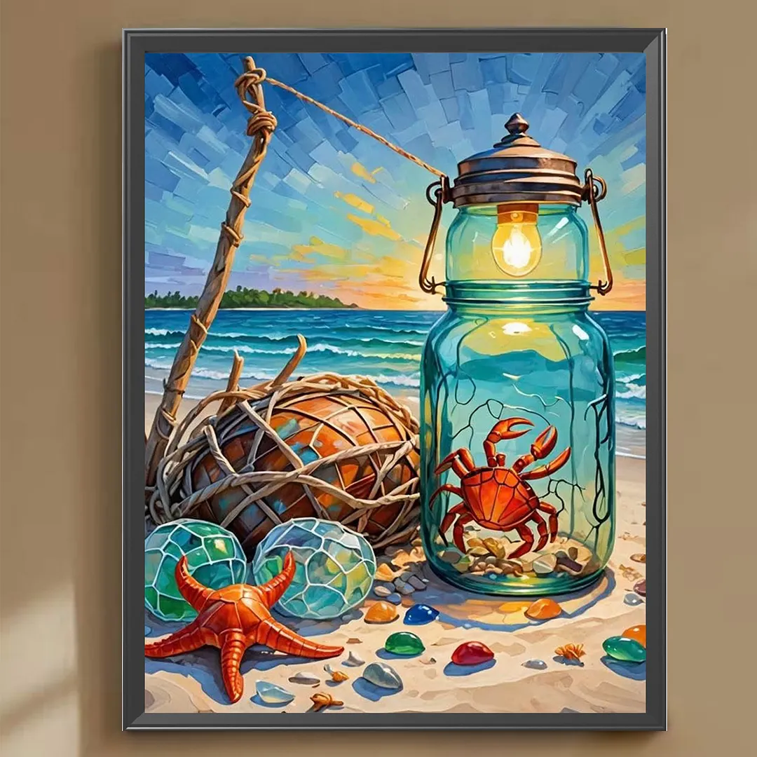 Beach Crab Jar Lantern 5D DIY Full Square Drill Diamond Painting Kits for Adults Beginners Home Decor Diamonds Dots Gem Art Kits Diamonds Paintings Gem Art 13.78x17.72inch