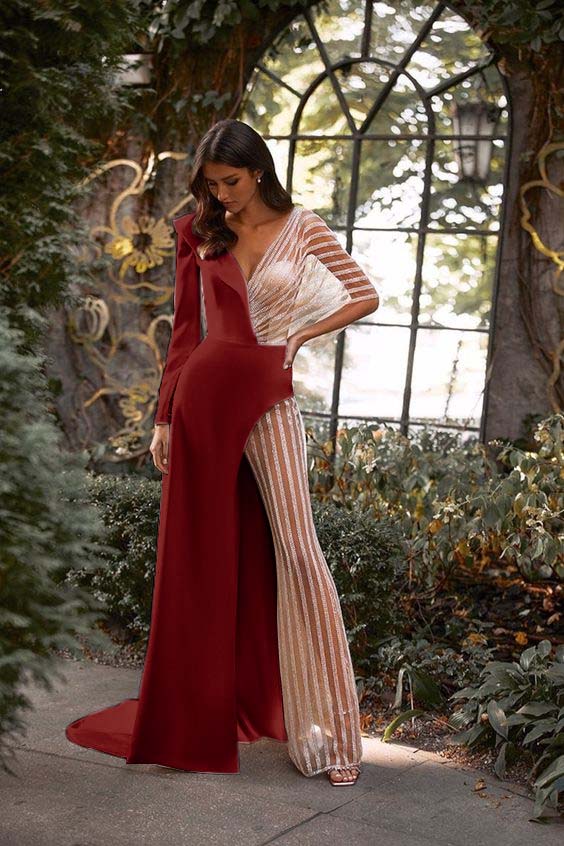 Hidais Patchwork White V Neck Long Sleeves High Waist Long Wid-Leg Jumpsuit with Tulle