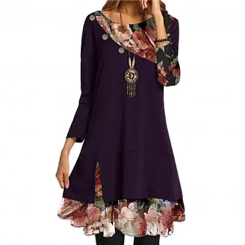 Autumn Vintage Flower Print A-Line Dress Women Elegant Patchwork Irregular Dress Casual O Neck Long Sleeves Dress