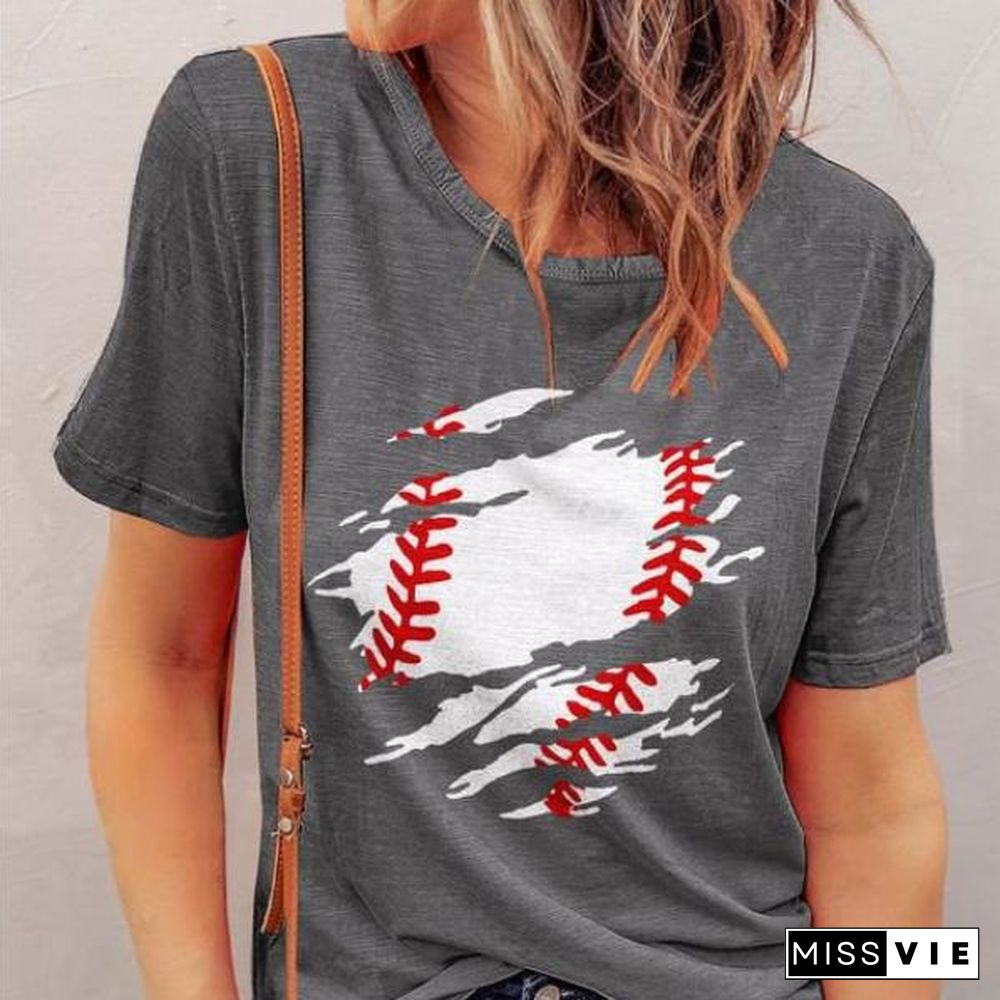 Baseball Broken Printed Gray Basic Women Tee