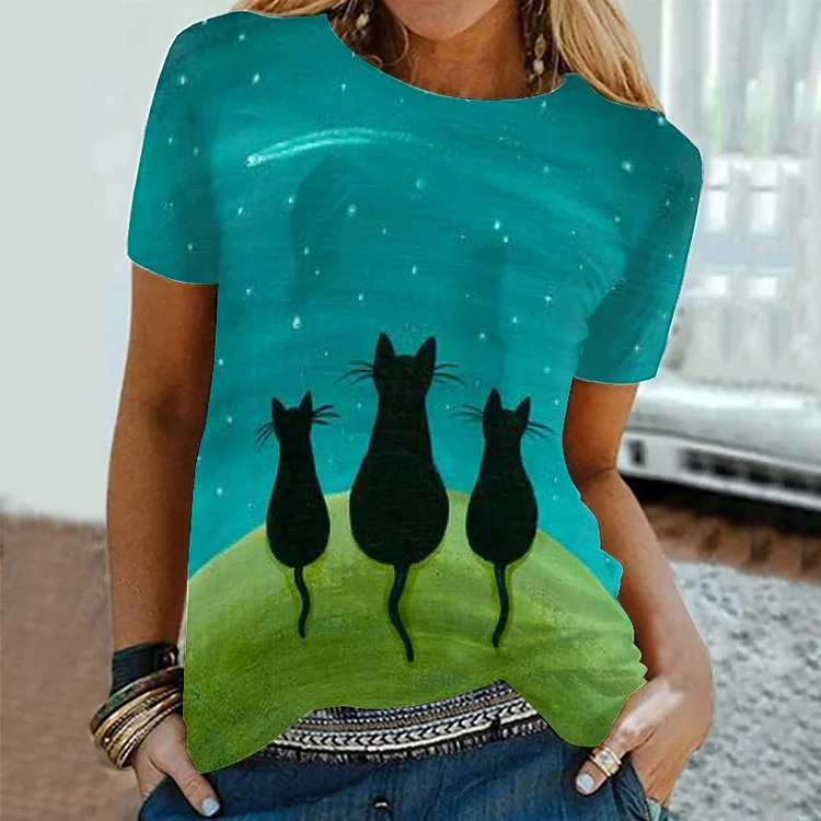 Vefave Casual Three Cats Print Short Sleeve T-Shirt