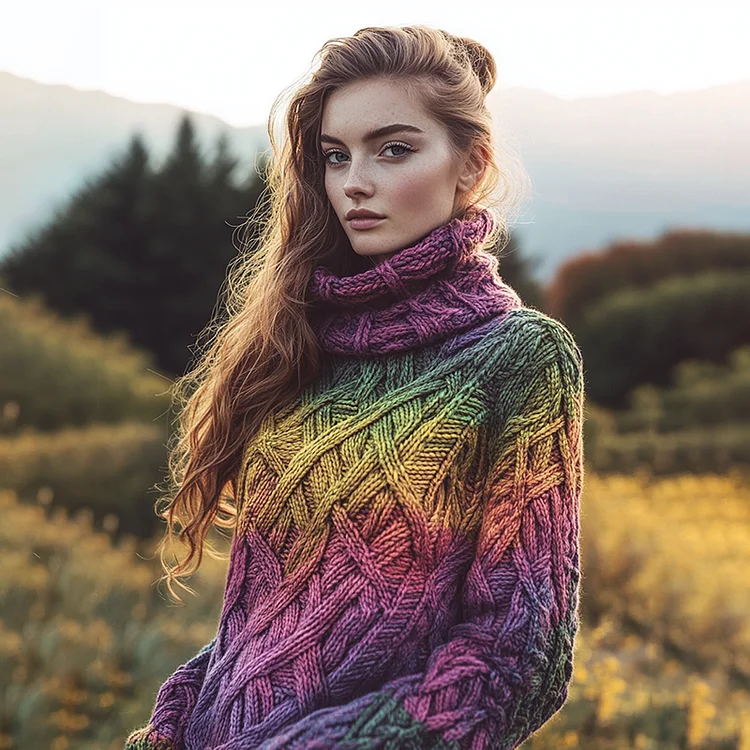 Retro Rainbow Warmth Celtic Knot Knitted Gradient Turtleneck Sweater