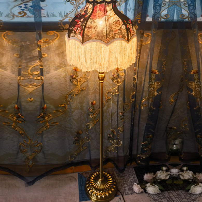 Traditional Vintage Floral Tassel Umbrella Fabric Iron 1-Light Standing Floor Lamp For Living Room