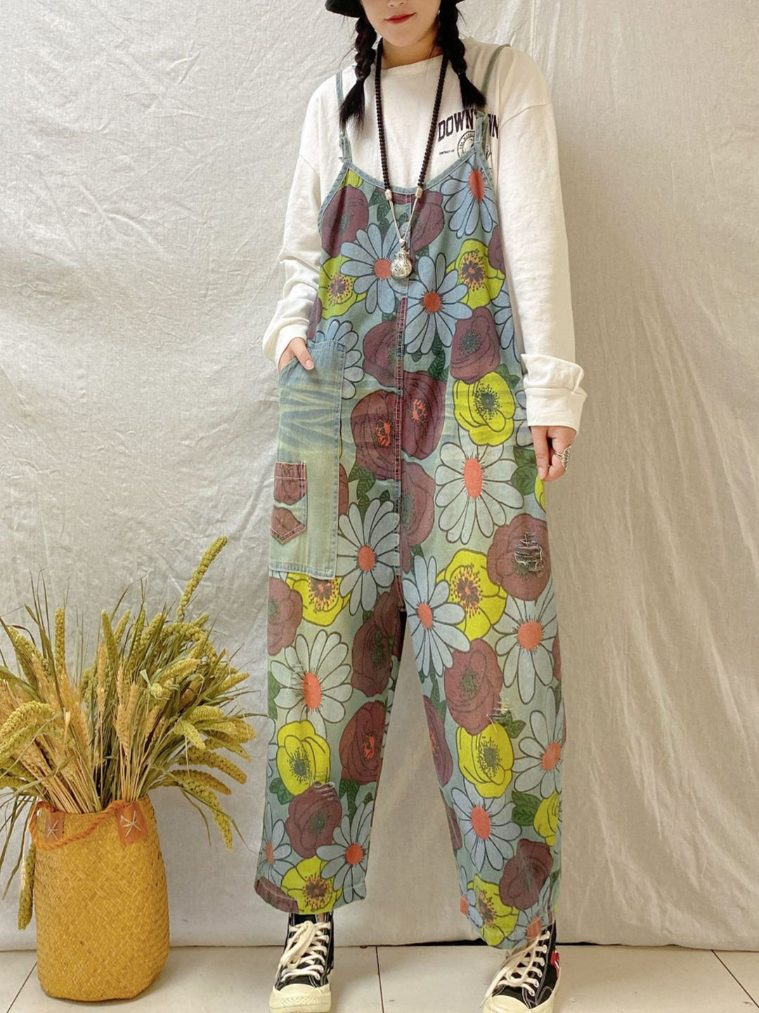 Women's Floral Printed Casual Retro Cropped Workwear Denim Overalls Jumpsuit