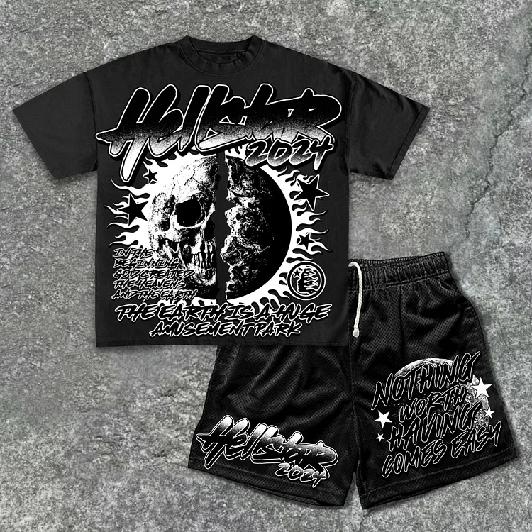 Retro Hellstar Dark Side Of The Moon Skeleton Tee & Shorts Matching Set SOPULA